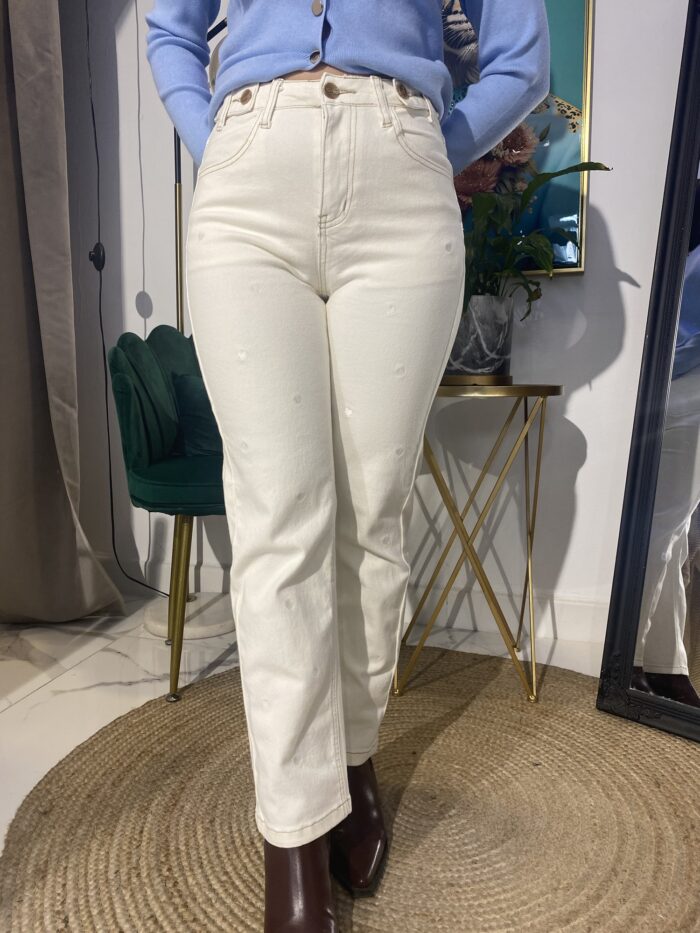 Jeans blanco algodón lavado corazones